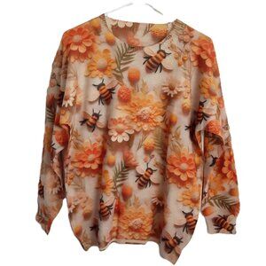 Unbranded Sweater MED Pullover Bee's Flowers Round Neck Long Sleeve Art To Wear